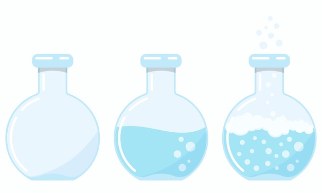 Vector set of glass flasks icon with a proceeding chemical reaction at different stages of the process isolated on white background.