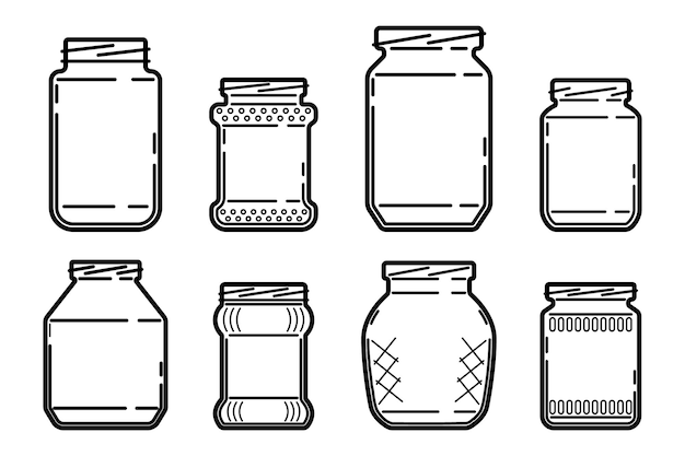 Set glass jars contour drawing isolated white background