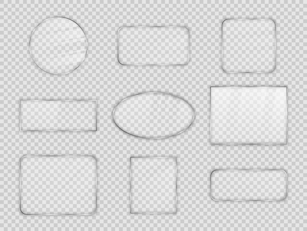 Set of glass plates in differents geometric forms on transparent background. vector illustration.