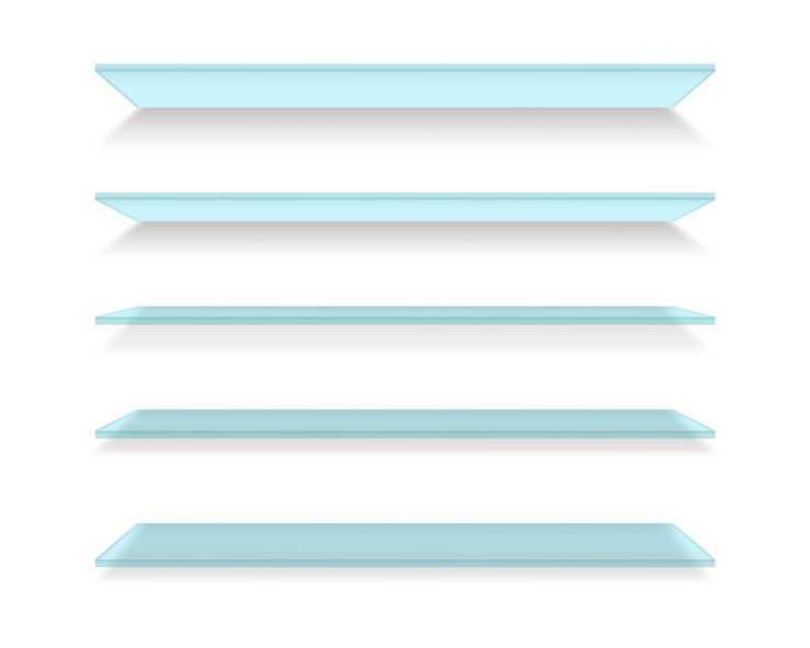 Vector set of glass realistic shelves. wall showcases.