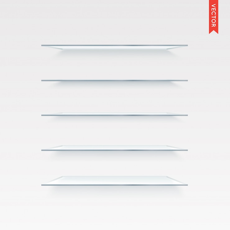 Vector set of glass shelves isolated on the wall background