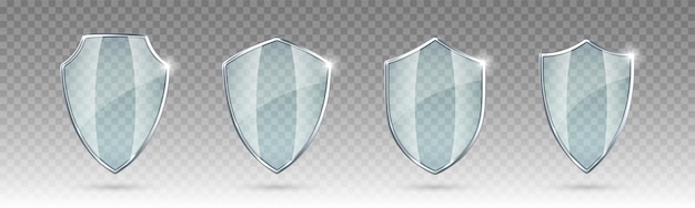 Набор стеклянных щитов Концепция защищенного защитного щита Икона значка безопасности Щит баннера конфиденциальности