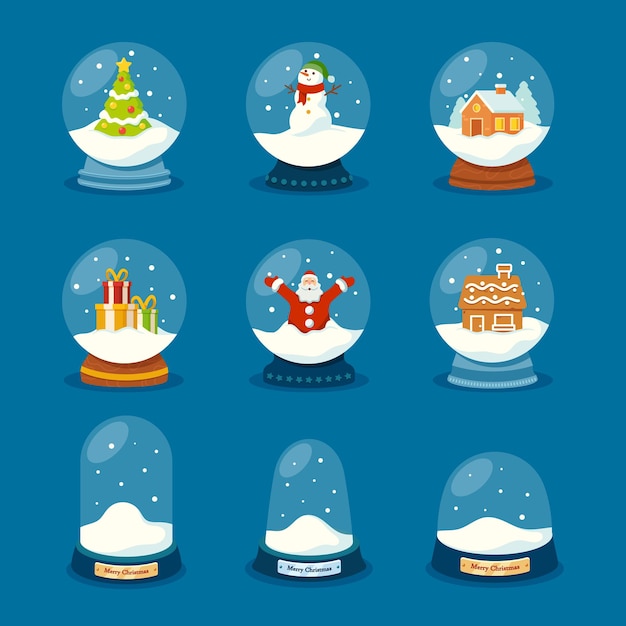 Vector set of glass snow globes, christmas souvenirs, winter snowballs, magic xmas crystal orbs empty domes, snowman, santa