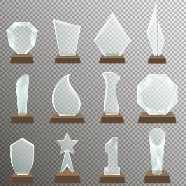 Set of glass transparent trophy awards with wooden stand. glass trophy awards in realistic style.