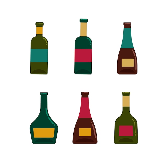 A set of glass wine bottles of different shapes colors Vector illustration in flat style Isolated