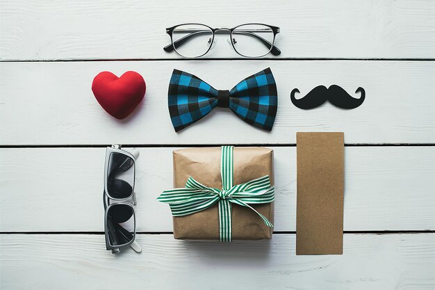 a set of glasses a bow and a bow tie are on a white background
