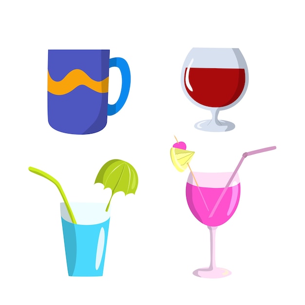 Set of glasses and mug flat design vector illustration