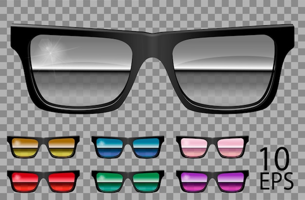 Vector set glasses.trapezoid shape.transparent different color .purple red blue  specular  pink  mirror golden  green.sunglasses.3d graphics.unisex  women men