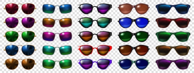 Set of glasses with colored frames and multicolored translucent lenses isolated on transparent background