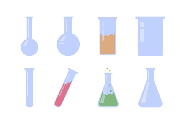 Vector set glazen kolven leeg en met vloeistof. educatieve uitrusting voor biologie- en scheikundelessen