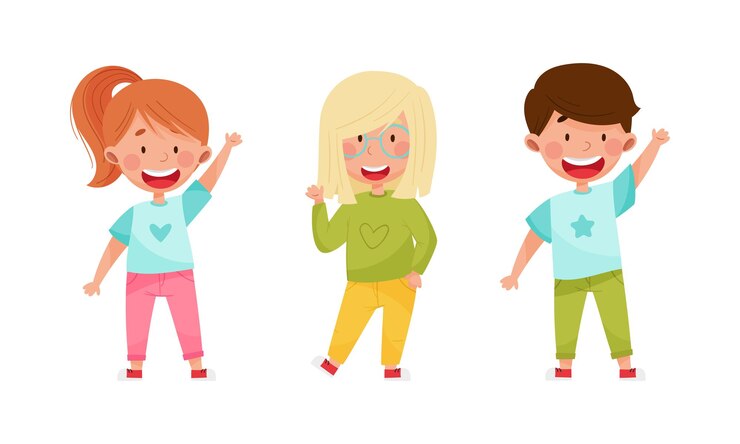 Vector set glimlachende kinderen die met hun handen zwaaien vreugdevolle kinderen die met de hand staan. cartoon vector illustratie