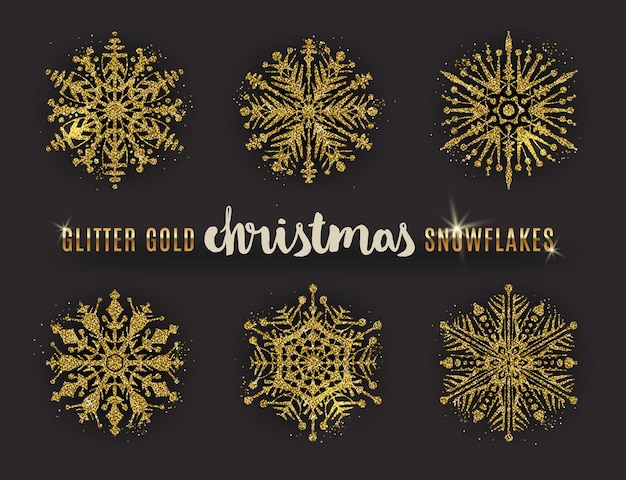 Vector set of glitter gold ornate snowflakes