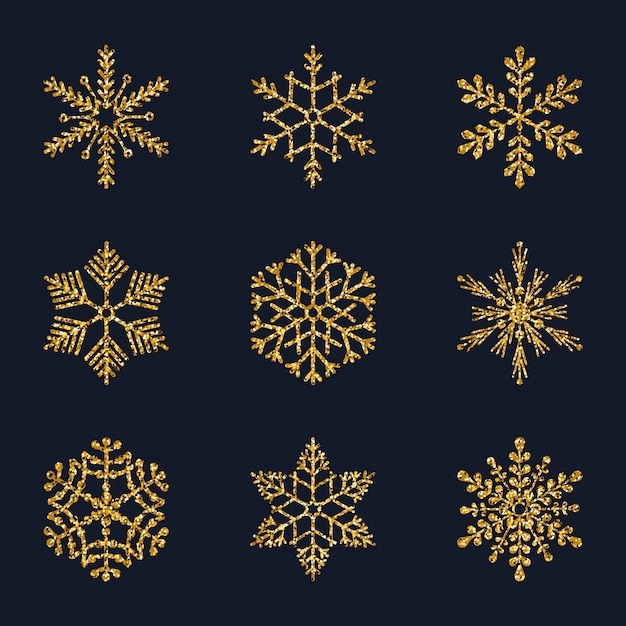 Set of glitter golden snowflakes