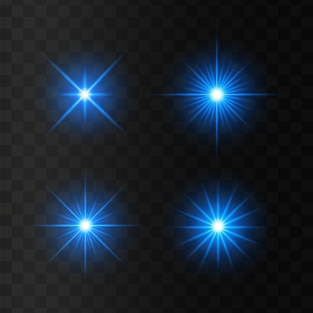 Set gloeiende blauwe lichtsterren op een transparante achtergrond shining sun star explodeert en flitst