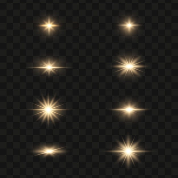Set gloeiende gouden lichtsterren op een transparante achtergrond Shining sun star explodeert en flitst
