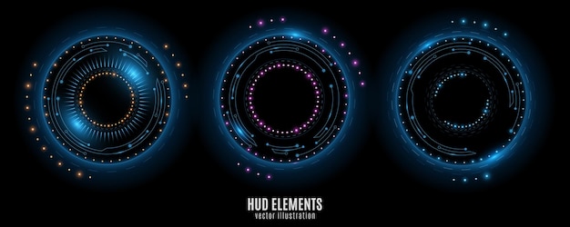 Set gloeiende HUD-rondes voor uw technologieontwerp Futuristische cirkels met verlichting Virtuele grafische Dashboard-display Scifi-elementen Hitech-achtergrond Vectorillustratie