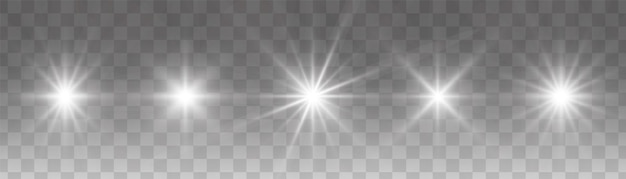 Set gloeiende witte lichtsterren op een transparante achtergrond Shining sun star explodeert en flitst