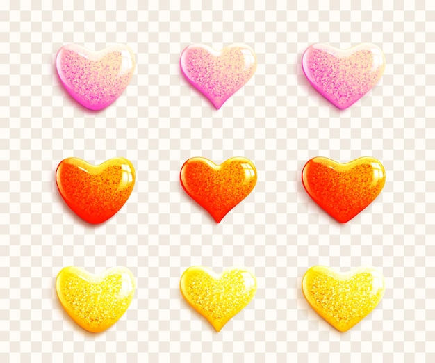 Vector set of glossy 3d heart icons with glitter pink red and yellow realistic hearts for valentines day