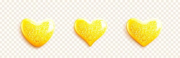 Vettore set di icone di cuore 3d dorate lucide con glitter cuori gialli realistici per san valentino