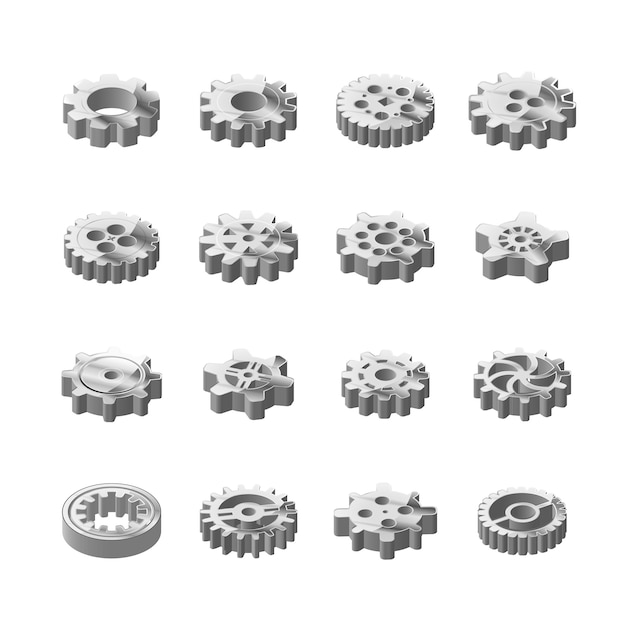 Vector set of glossy metal cogwheels in isometric view on white