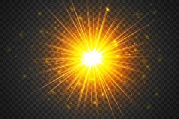 Impostare l'effetto bagliore di luce con scintille bianche e stelle dorate che brillano con una luce specialeluce bianca incandescente stella luce dai raggi il sole è retroilluminato brillante bella stella luce solare eps10