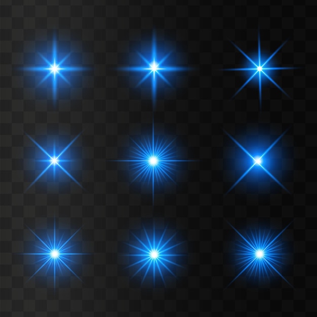 Set of glowing blue light stars on a transparent background Shining sun star explodes and flash