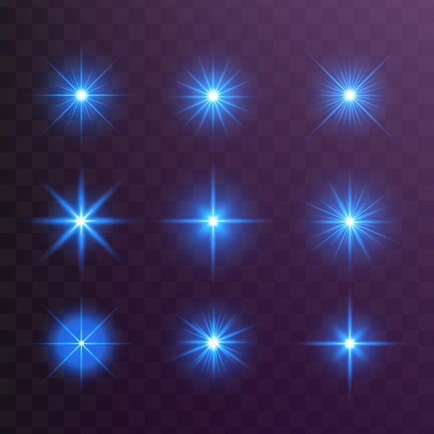 Set of glowing blue light stars on a transparent background Shining sun star explodes and flash