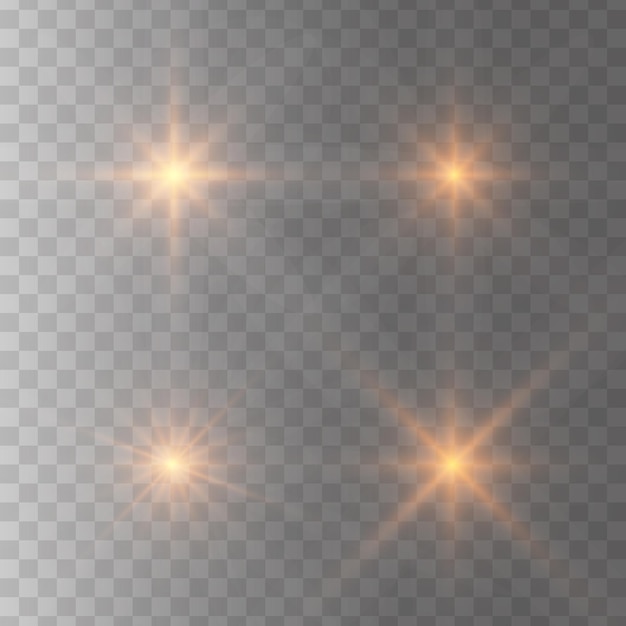 Set of glowing gold light stars on a transparent background Shining sun star explodes and flash