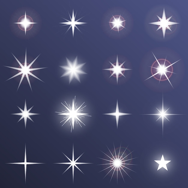 Vector set of glowing light effect stars bursts with sparkles on dark background. transparentstars