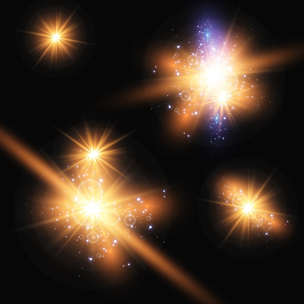 Vector set of glowing light stars with sparkles