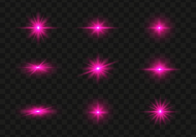 Set of glowing pink light stars on a transparent background shining sun star explodes and flash