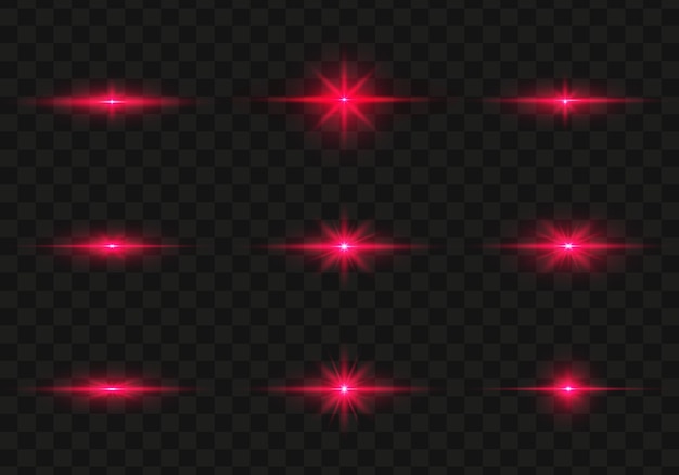 Set of glowing red light stars on a transparent background Shining sun star explodes and flash