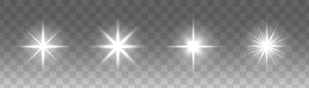 Set of glowing white light stars on a transparent background shining sun star explodes and flash