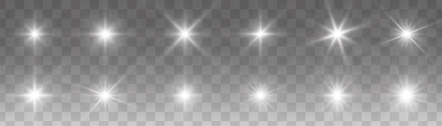 Set of glowing white light stars on a transparent background shining sun star explodes and flash