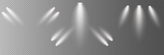 Set of glowing white spotlights Stage lighting effect On a transparent background