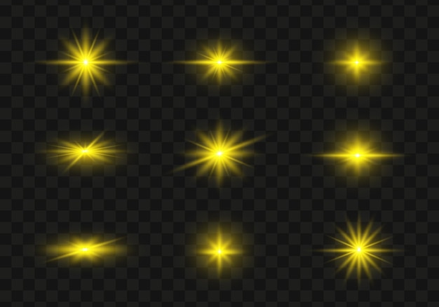 Vector set of glowing yellow light stars on a transparent background shining sun star explodes and flash