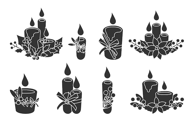 Vettore set di candele di natale glifo con poinsettia, cono, vischio. candela festiva con bacche, foglie. fuoco tradizionale, simbolo delle vacanze di capodanno. elementi di arredo. isolato su bianco illustrazione