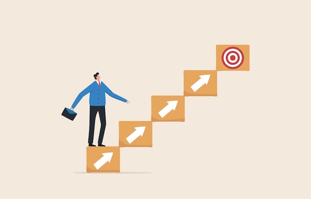 Set goals for success Aim or motivation for business growth and success Stairway to the goal Businessman standing on the stairs to the destination