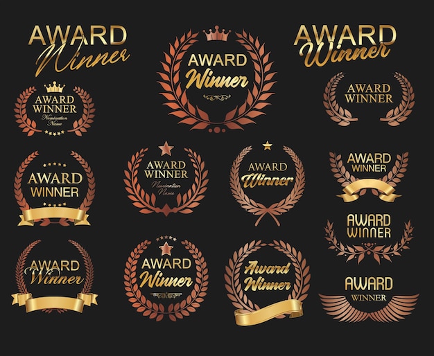 A set of gold award awards with gold lettering