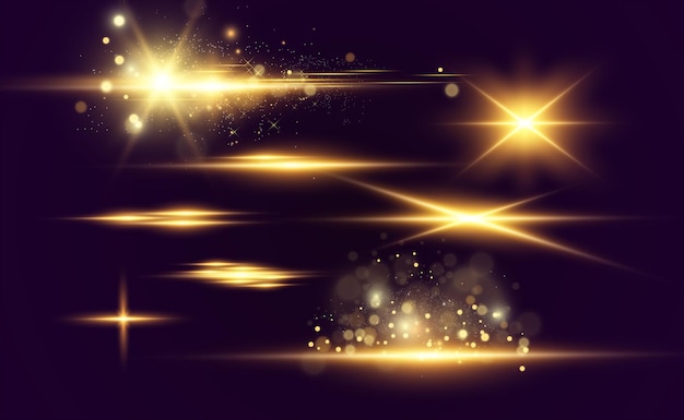 Set of gold bright beautiful stars. Light effect Bright Star. Beautiful light for illustration. 
