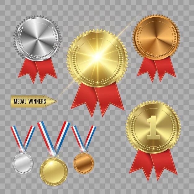Vector set of gold, bronze and silver. award medals isolated on transparent background. vector illustration