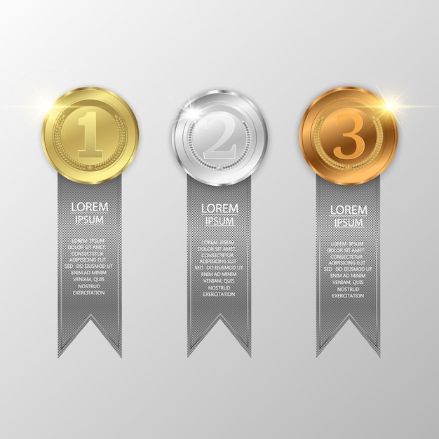 Set of gold, bronze and silver. Award medals isolated on transparent background.