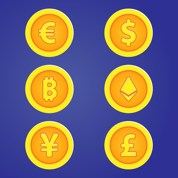 Set of gold coins in flat design style, Dollar, Euro, Pound, Yen, Bitcoin, and ethereum