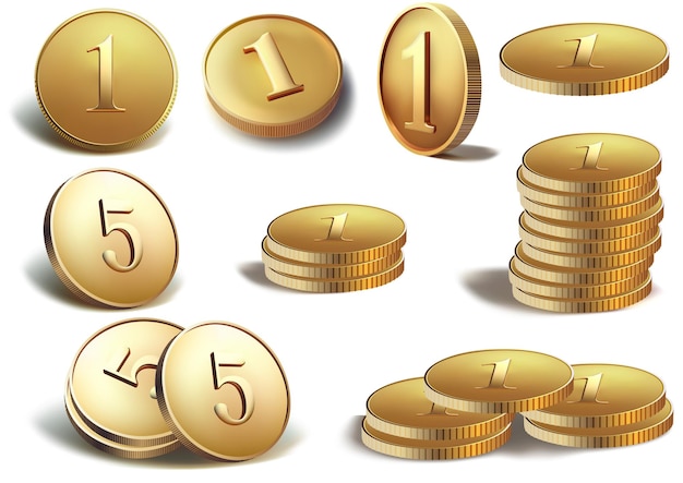 Vector set of gold coins isolated on white background single coins and columns of coins as design element