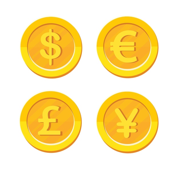 Vector set of gold coins with 4 major currencies