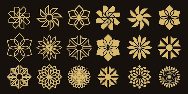 Set of gold color flower icons. Vector collection of gold color flowers icons. Mandala icons set