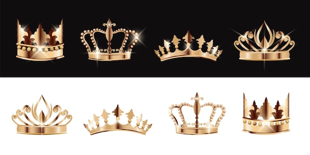 Set of gold crowns for king queen Collection of realistic vintage royal crowns isolated on white and black backgrounds Royalty symbol Vector illustration for vip card luxury design premium