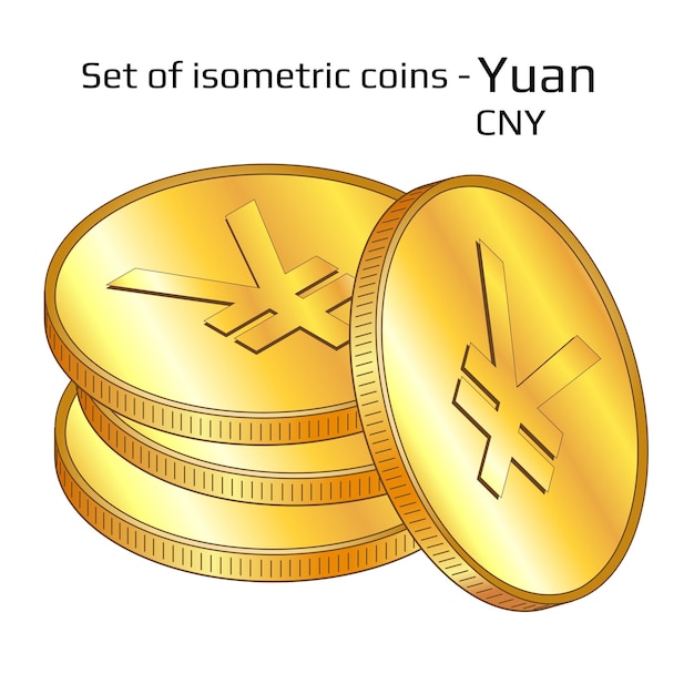 Set of gold digital coins in stack Yuan CNY in isometric view isolated on white Vector illustration