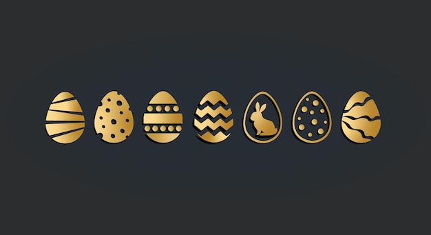 Vector a set of gold easter eggs with a bunny on a black background