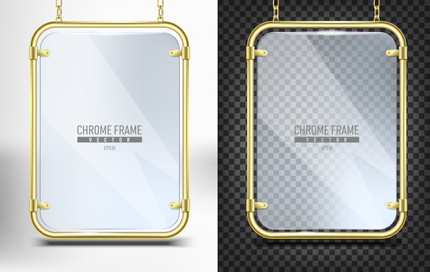 set of gold frame with glass for banner  . Advertising space panel for text  hanging on chains on white and black background